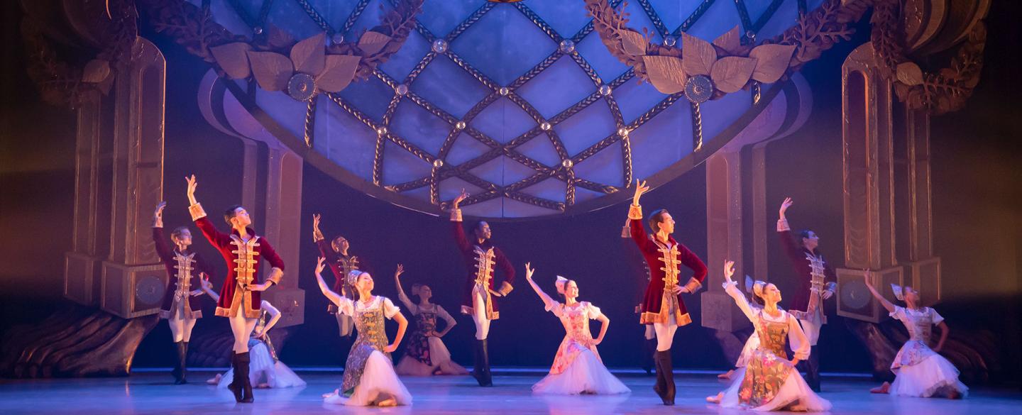 Northern Ballet dancers dancing in perfect time at the Ball in our ballet of Cinderella. Photo Emma Kauldhar.