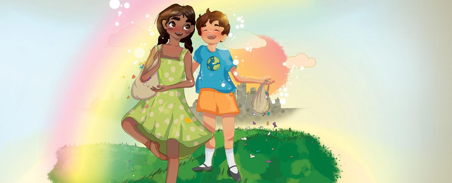 Illustration of a black dancer in a green dress en pointe and smiling, a small child in a blue T-shirt and orange shorts laughs next to her