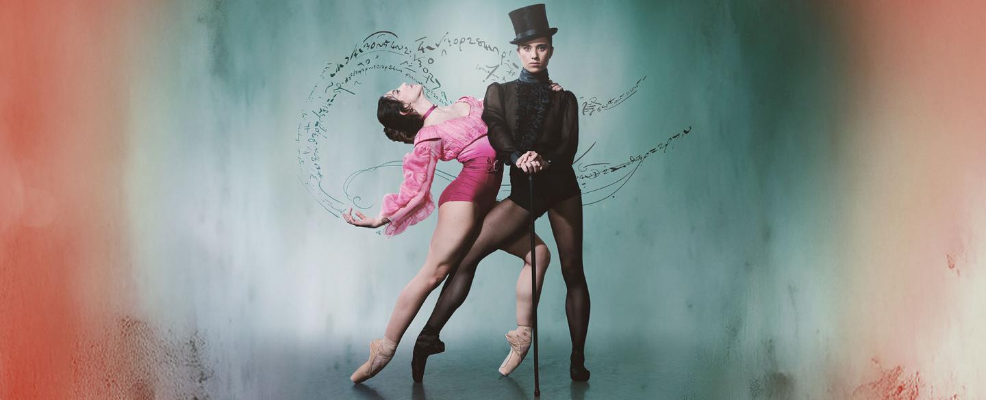 Wearing a black top hat and pointe shoes, the character of Gentleman Jack looks directly at the camera hands on a cane, a woman in pink hold onto her and leans back suggestively