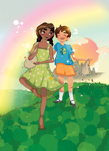 Illustration of a black dancer in a green dress en pointe and smiling, a small child in a blue T-shirt and orange shorts laughs next to her