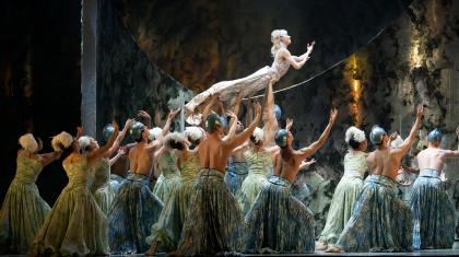 Abigail Prudames's Little Mermaid is lifted by an ocean of dancers. Photo Emma Kauldhar.