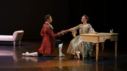 Abigail Prudames as the Marquise and Joseph Taylor as Valmont in Dangerous Liaisons. Photo Emma Kauldhar