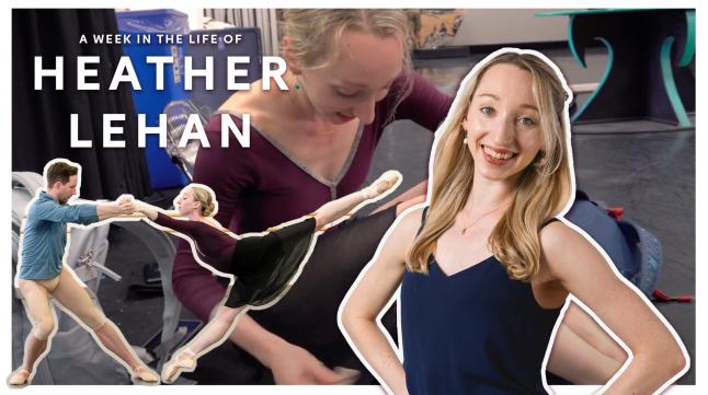 Collage of clips from the Heather Lehan video blog in which she is examining something from her bag, dancing with a partner, and smiling at the camera